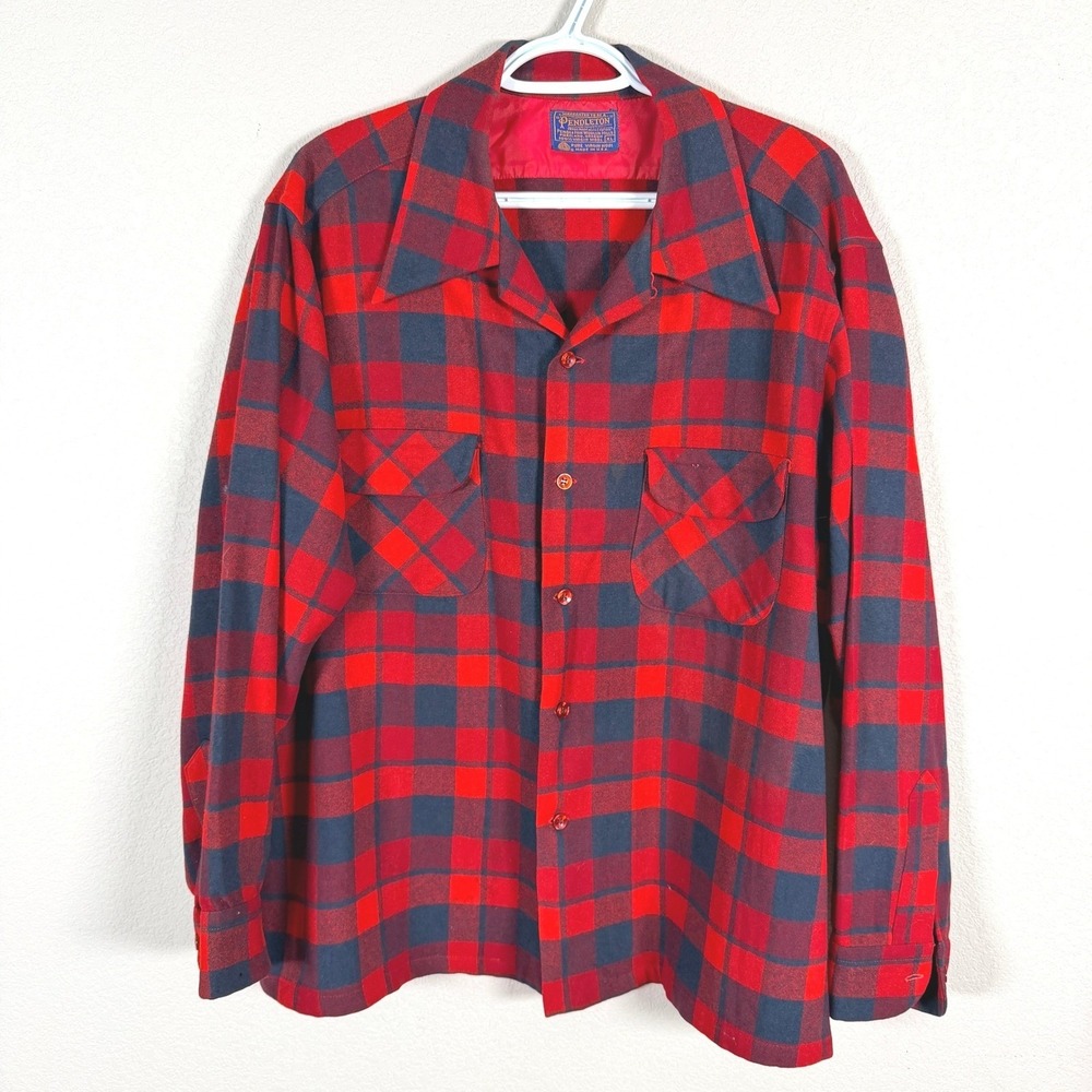 Vintage 1970s Pendleton Board Shirt Loop Collar 100% Wool Mens XL Red Plaid